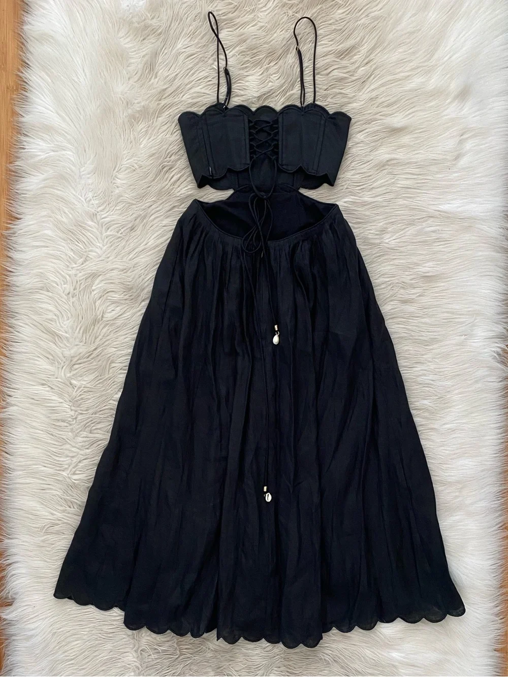 Zimmermann Petite Jude Scallop Midi Dress Black Linen Lace Up Back Vacation 0P - Picture 10 of 16